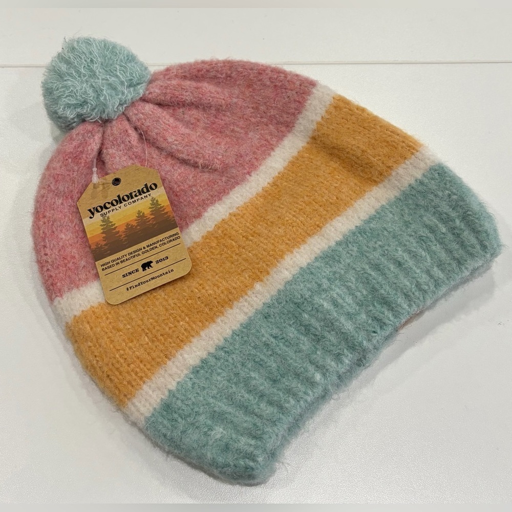 Yo Colorado Fruita Fuzzy Blend Beanie Pink Green Pastel Hat NWT Winter Ski Snow